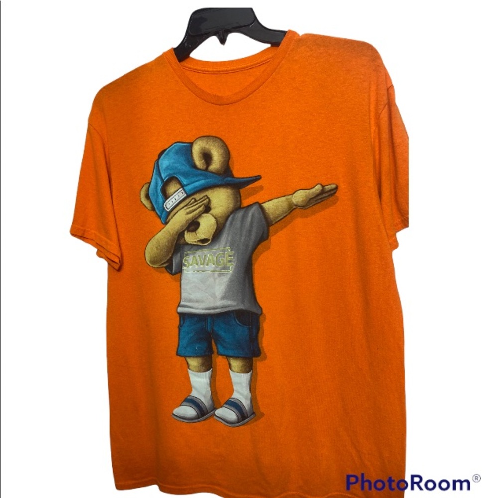 Mens Orange Savage Teddy Bear Printed T-Shirt Sz: Medium